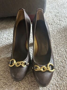 Banana Republic Brown Leather Heels with Gold Chain Accent